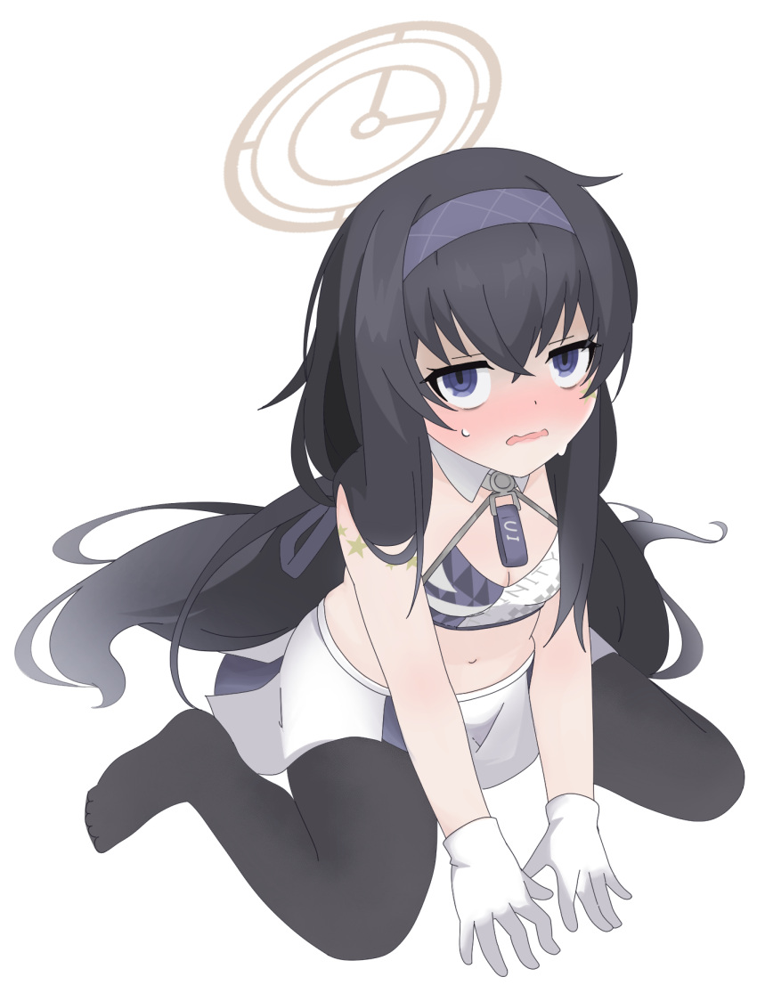 bags_under_eyes bare_shoulders between_legs black_hair black_thighhighs blue_archive blue_eyes blue_hairband blush breasts cheerleader cleavage commentary_request cosplay female from_above full_body gloves hair_between_eyes hairband halo hand_between_legs highres long_hair looking_at_viewer looking_up millennium_cheerleader_outfit_(blue_archive) navel no_shoes nose_blush nyaru_(nyaru_4126) parted_lips simple_background sitting skirt small_breasts solo star_(symbol) sweat thighhighs ui_(blue_archive) very_long_hair wariza wavy_mouth white_background white_gloves white_skirt