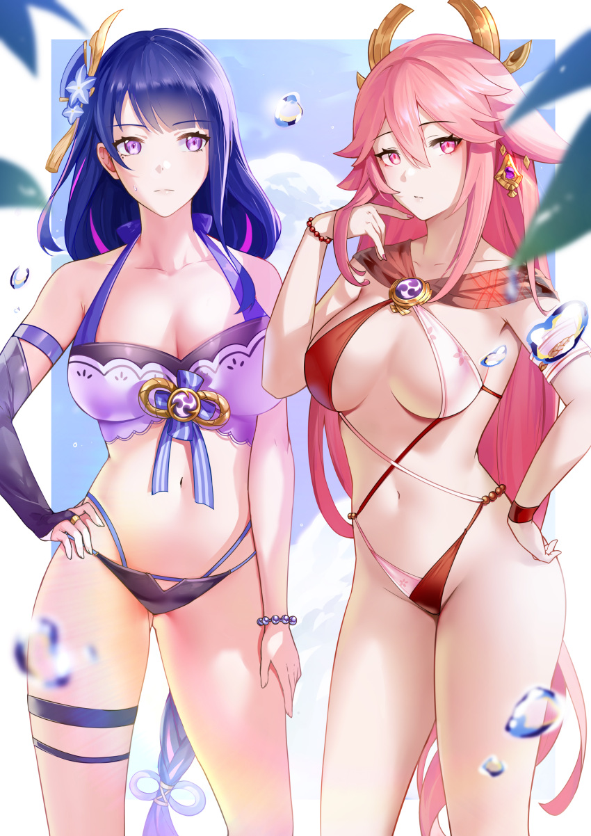 2girls 2r-_(pixiv8168114) absurdres animal_ears bikini breasts cleavage fox_ears genshin_impact highres long_hair mole mole_under_eye multiple_girls navel pink_hair purple_eyes purple_hair raiden_shogun swimsuit yae_miko