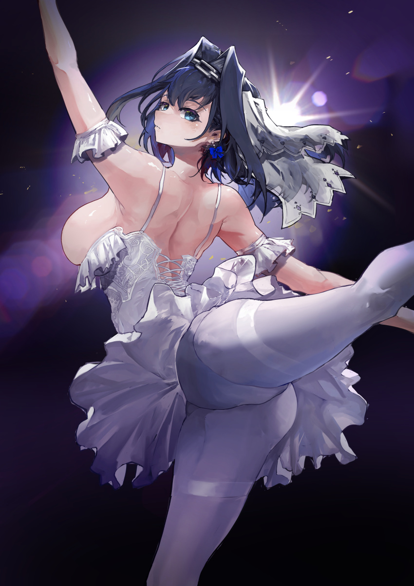 absurdres arabesque_(pose) ballerina ballet blue_eyes blue_hair bow bow_earrings breasts dress earrings female gloves hair_intakes hair_ornament highres hololive hololive_english jewelry leotard leotard_peek lights ouro_kronii pantyhose short_hair solo standing thighband_pantyhose tutu virtual_youtuber vyragami white_pantyhose