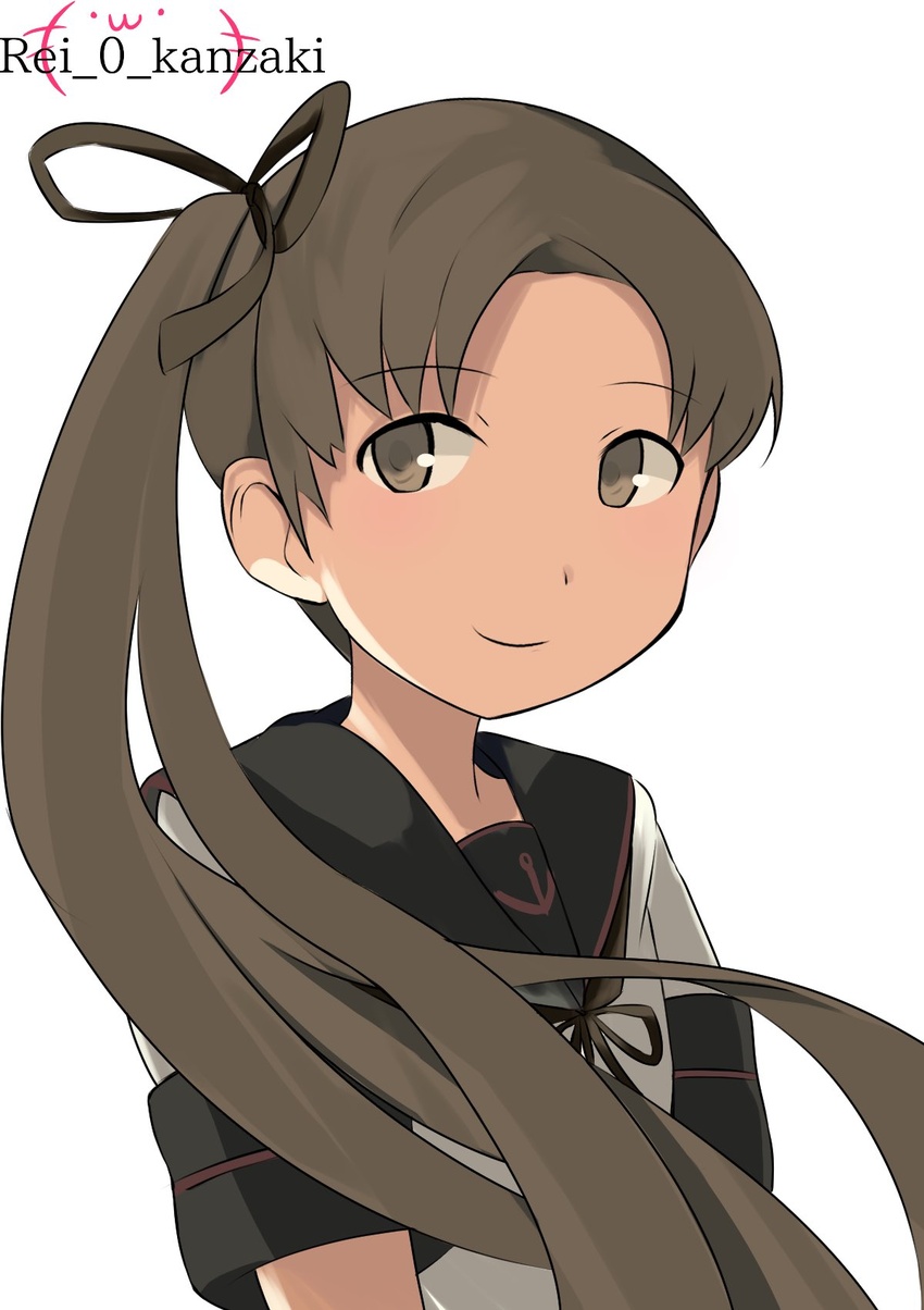 ayanami_(kancolle) ayanami_kai_ni_(kancolle) black_sailor_collar brown_eyes brown_hair commentary_request etsuransha_no_rei female hair_ribbon highres kantai_collection long_hair looking_at_viewer one-hour_drawing_challenge parody ribbon sailor_collar school_uniform serafuku shibafu_(glock23)_(style) side_ponytail simple_background solo style_parody twitter_username upper_body white_background