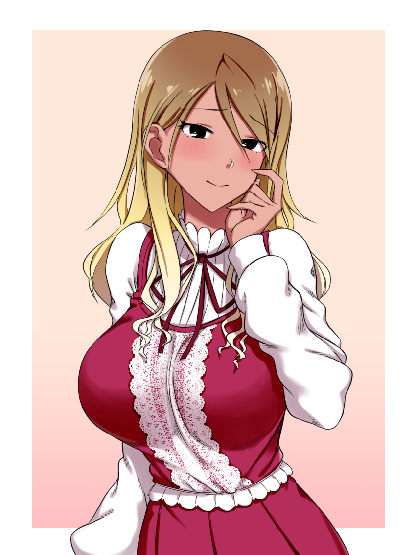 aki_(aoirowings) black_eyes blonde_hair blush breasts brown_hair closed_mouth commentary_request dark-skinned_female dark_skin dress female gradient_hair hair_between_eyes highres idolmaster idolmaster_shiny_colors izumi_mei lace lace-trimmed_dress lace_trim large_breasts long_hair long_sleeves looking_at_viewer multicolored_hair pinafore_dress purple_dress scratching_cheek shirt sleeveless sleeveless_dress solo white_shirt