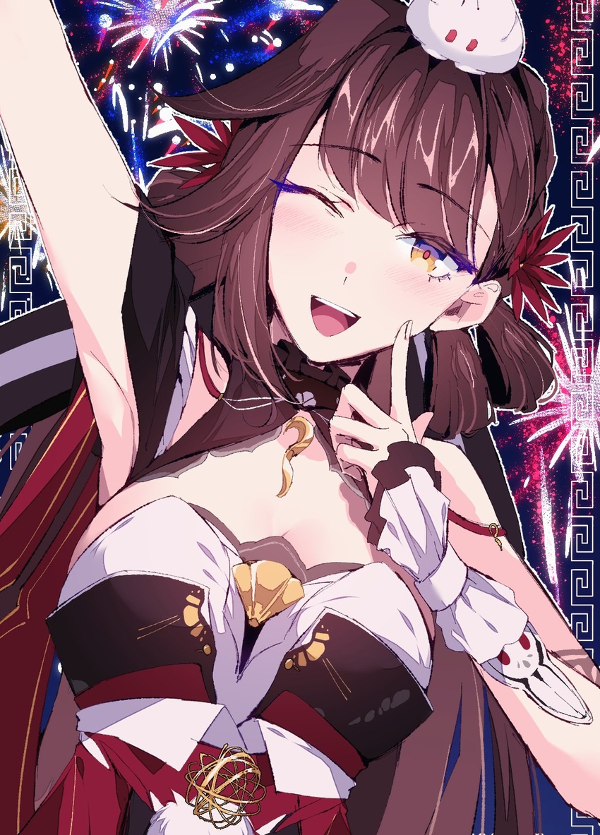 aer007580 arm_up breasts brown_eyes brown_hair chinese_clothes commentary female finger_to_cheek fireworks highres honkai_(series) honkai_impact_3rd large_breasts li_sushang li_sushang_(jade_knight) long_hair looking_at_viewer official_alternate_costume one_eye_closed open_mouth solo teeth upper_body upper_teeth_only