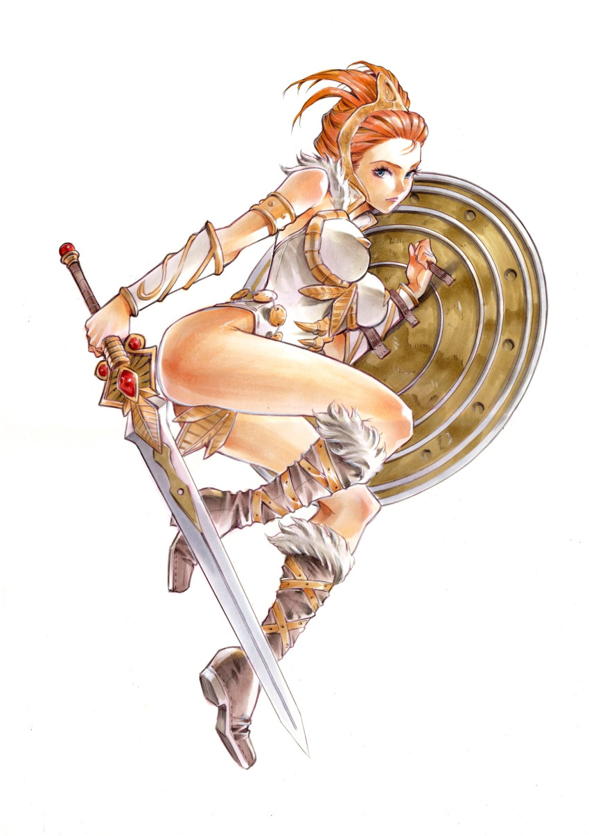 animification armlet bare_shoulders belt blue_eyes boots breasts closed_mouth commentary female folded_hair full_body fur_trim highleg highleg_leotard highres holding holding_shield holding_sword holding_weapon jewelry knee_boots leotard lips looking_at_viewer masters_of_the_universe medium_breasts red_hair rodrigo_yoshimiya shield sleeveless solo sword teela thighs tiara vambraces warrior weapon white_background white_leotard