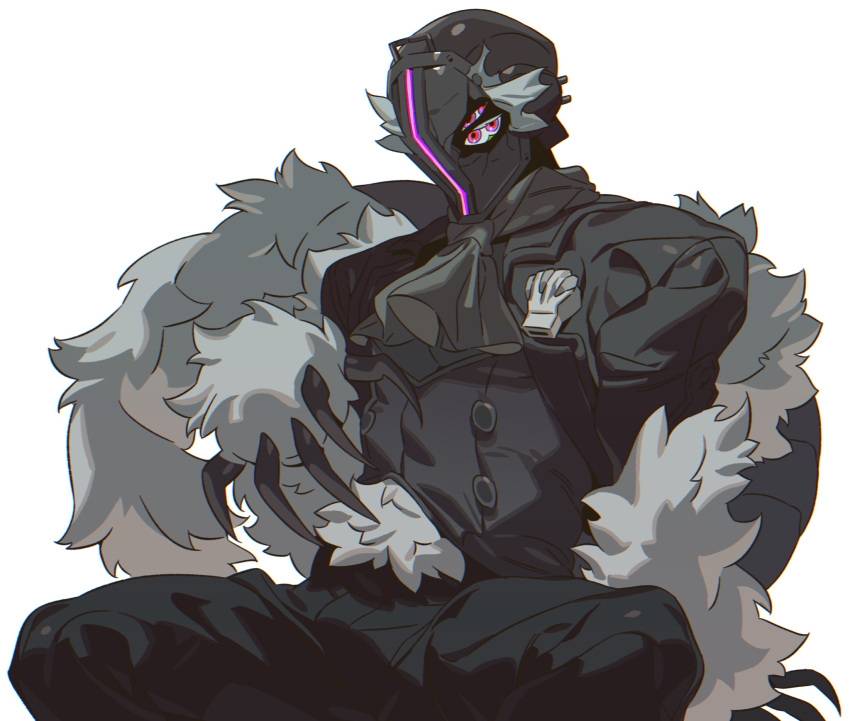 1boy alternate_form ascot black_ascot black_pants black_suit black_tail body_fur bondrewd claws extra_eyes feet_out_of_frame formal grey_fur grey_tail helm helmet highres looking_at_viewer made_in_abyss male_focus mgong520 pants pink_eyes simple_background sitting solo suit tail whistle white_background