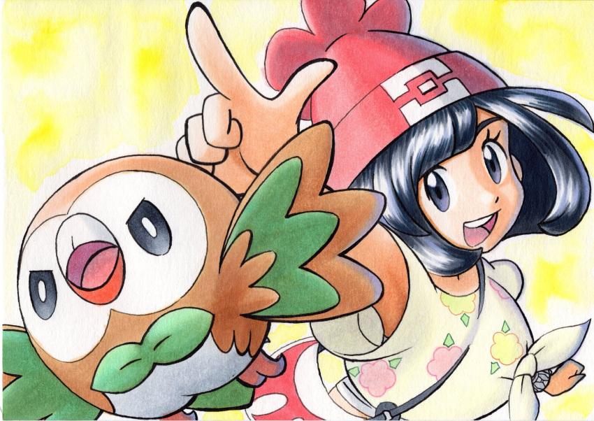 :d arm_up bad_id bad_twitter_id bag beanie between_breasts black_hair bracelet breasts commentary_request eyelashes female floral_print grey_eyes hat highres index_finger_raised jewelry looking_at_viewer oka_mochi open_mouth pokemon pokemon_(creature) pokemon_sm red_headwear rowlet selene_(pokemon) shirt short_sleeves shoulder_bag smile strap_between_breasts t-shirt teeth tied_shirt tongue traditional_media upper_teeth_only yellow_background z-ring