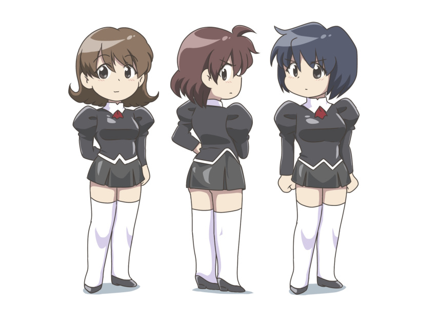 3girls agent_aika aika_(series) ascot black_delmo black_delmo_a black_footwear black_jacket black_skirt blue_hair brown_hair chibi delmogeny_uniform full_body hand_on_own_hip high_heels highres jacket juliet_sleeves kuroyoshi lineup long_sleeves medium_hair multiple_girls navel panties pleated_skirt puffy_sleeves red_ascot sae_(agent_aika) short_hair skirt standing thighhighs underwear uniform white_legwear yuki_(agent_aika)