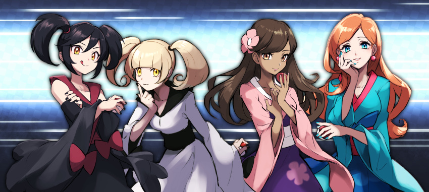 4girls :q akihorisu black_hair black_nails blonde_hair blue_eyes blunt_bangs breasts brown_eyes brown_hair closed_mouth collarbone commentary_request dark-skinned_female dark_skin detached_sleeves dress earrings eyelashes floral_print flower furisode furisode_girl_(pokemon) furisode_girl_blossom furisode_girl_kali furisode_girl_katherine furisode_girl_linnea green_nails hair_between_eyes hair_flower hair_ornament hair_tie hand_up hands_up highres holding holding_poke_ball japanese_clothes jewelry kimono long_hair long_sleeves looking_at_viewer multiple_girls nail_polish orange_eyes orange_hair parted_lips pink_flower poke_ball poke_ball_(basic) pokemon pokemon_xy sash smile tied_hair tongue tongue_out twintails white_dress white_sash wide_sleeves yellow_eyes