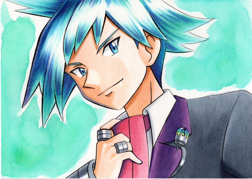 1boy adjusting_ascot bad_id bad_twitter_id black_jacket blue_eyes blue_hair closed_mouth collared_shirt commentary_request green_background grey_jacket highres jacket jewelry male_focus necktie oka_mochi pokemon pokemon_oras ring shirt short_hair smile solo spiked_hair steven_stone traditional_media upper_body white_shirt