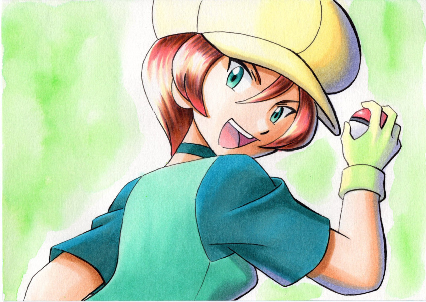 :d bad_id bad_twitter_id brown_hair choker commentary_request female georgia_(pokemon) green_background green_choker green_shirt green_vest hair_between_eyes hand_up hat highres holding holding_poke_ball oka_mochi open_mouth poke_ball poke_ball_(basic) pokemon pokemon_(anime) pokemon_bw_(anime) shirt short_hair short_sleeves smile solo teeth tongue traditional_media upper_body upper_teeth_only vest yellow_hat