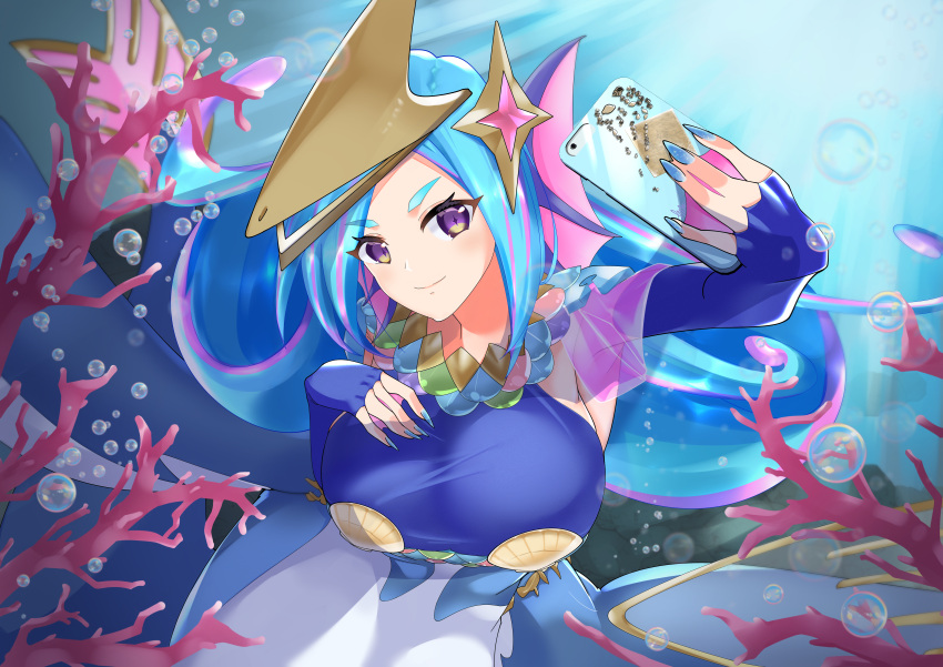 absurdres amabie_(yu-gi-oh!) blue_dress blue_gloves blue_hair blue_nails breasts bubble cellphone coral dress duel_monster elbow_gloves female fingerless_gloves fins gloves hand_on_own_chest head_fins highres large_breasts mermaid monster_girl na_nto nail_polish phone purple_eyes selfie smile underwear yu-gi-oh!