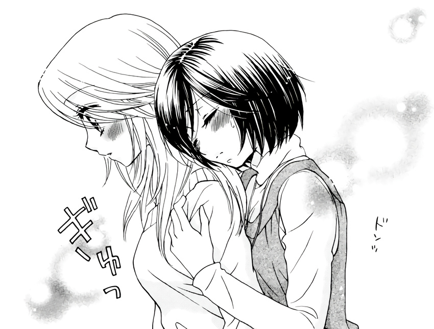 2girls blush closed_eyes couple girl_friends girl_friends_(manga) hug hug_from_behind kumakura_mariko monochrome morinaga_milk official_art oohashi_akiko surprised wide_eyes yuri