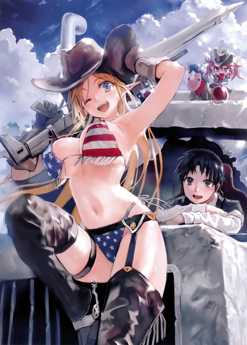 1boy 2girls :d ;d absurdres american_flag american_flag_bikini american_flag_print armpits assault_rifle bayonet bikini black_eyes black_hair blonde_hair blue_eyes blue_sky bob_(biyonbiyon) boots breasts cloud cloudy_sky cowboy_hat day elf elf_de_bikini_de_machine_gun! flag_print fn_scar garter_straps gun hand_on_headwear hat highleg highleg_bikini highres large_breasts leg_up long_hair md5_mismatch mismatched_bikini multiple_girls navel one_eye_closed open_mouth outdoors parted_bangs photoshop_(medium) pointy_ears print_bikini rifle side-tie_bikini_bottom sky smile stirrups_(riding) strap_gap sweat swimsuit thigh_boots thighhighs very_long_hair weapon