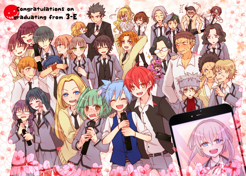 6+boys 6+girls akabane_karma ansatsu_kyoushitsu black_hair blonde_hair blue_eyes blue_hair blush brown_eyes brown_hair cherry_blossoms chiba_ryuunosuke commentary_request diploma dousho. everyone fuwa_yuzuki glasses graduation green_eyes green_hair grey_hair hara_sumire hayami_rinka hazama_kirara highres horibe_itona irina_jelavic isogai_yuuma jiritsu_shikou_kotei_houdai kanzaki_yukiko karasuma_tadaomi kataoka_megu kayano_kaede kimura_masayoshi kunugigaoka_middle_school_uniform kurahashi_hinano maehara_hiroto mimura_kouki multiple_boys multiple_girls muramatsu_takuya nakamura_rio okajima_taiga okano_hinata_(ansatsu_kyoushitsu) okuda_manami orange_hair pink_hair purple_hair red_hair school_uniform shiota_nagisa spoilers sugaya_sousuke sugino_tomohito takebayashi_koutarou tears terasaka_ryouma tube yada_touka yoshida_taisei