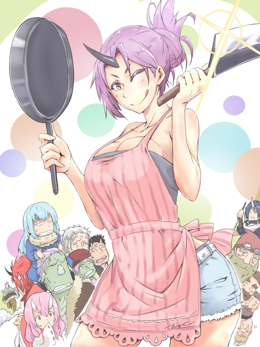 1other 2girls 6+boys ;q alternate_costume apron bare_shoulders belt benimaru_(tensei_shitara_slime_datta_ken) blue_shorts blush breasts carrying character_request cleavage clenched_teeth commentary_request crop_top cutoffs denim denim_shorts fleeing frying_pan gobuta_(tensei_shitara_slime_datta_ken) hakurou_(tensei_shitara_slime_datta_ken) highres horns kaki_(user_ggvk4744) knife large_breasts looking_at_viewer multiple_boys multiple_girls ninja one_eye_closed oni oni_horns pink_apron purple_eyes purple_hair rigur rigurudo_(tensei_shitara_slime_datta_ken) rimuru_tempest running shion_(tensei_shitara_slime_datta_ken) short_shorts shorts shoulder_carry shuna_(tensei_shitara_slime_datta_ken) single_horn solo_focus strapless sweatdrop teeth tensei_shitara_slime_datta_ken tongue tongue_out tube_top