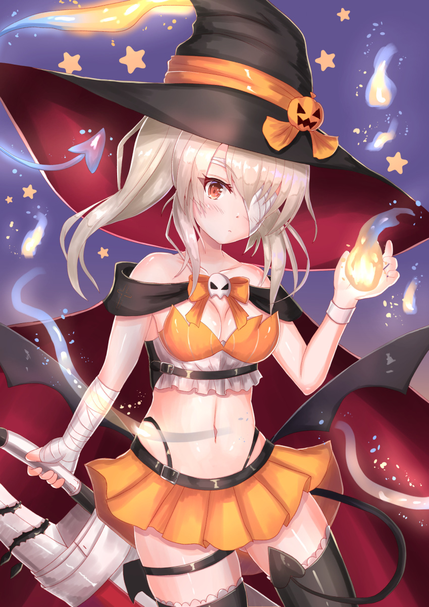 ayanami_(azur_lane) ayanami_(witch_in_ambush)_(azur_lane) azur_lane bandage_over_one_eye bandaged_arm bandages bare_shoulders black_hat black_thighhighs breasts cape cleavage cocoasabure collarbone commentary crop_top demon_tail female halloween hat highleg highres hitodama holding holding_sword holding_weapon long_hair looking_at_viewer md5_mismatch medium_breasts midriff miniskirt navel official_alternate_costume orange_skirt platinum_blonde_hair red_eyes skirt solo sword tail thigh_strap thighhighs twintails weapon witch witch_hat zettai_ryouiki