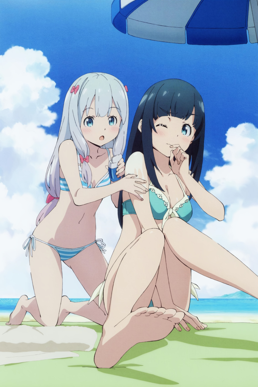 2girls aqua_bikini arm_support barefoot beach bikini black_hair blue_bikini blush bow breasts eromanga_sensei grey_hair hairbow highres izumi_sagiri multiple_girls one_eye_closed open_mouth sitting sky striped_bikini striped_clothes swimsuit takasago_tomoe umbrella