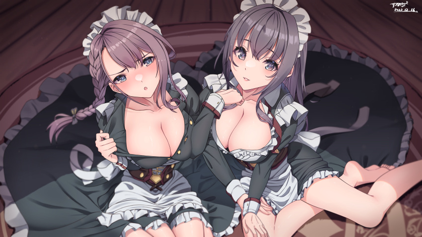 2girls absurdres apron azur_lane bad_id bad_pixiv_id black_dress blue_eyes blush braid breasts brown_hair cleavage curacoa_(azur_lane) curlew_(azur_lane) dated dress foot_out_of_frame frilled_apron frills grey_eyes hair_between_eyes hairband highres indoors lace-trimmed_hairband lace_trim large_breasts long_hair long_sleeves looking_at_viewer maid_apron maid_headdress multiple_girls pulling_own_clothes side_braid signature sunebu_(snake_boo2) two-tone_dress white_apron white_dress wooden_floor