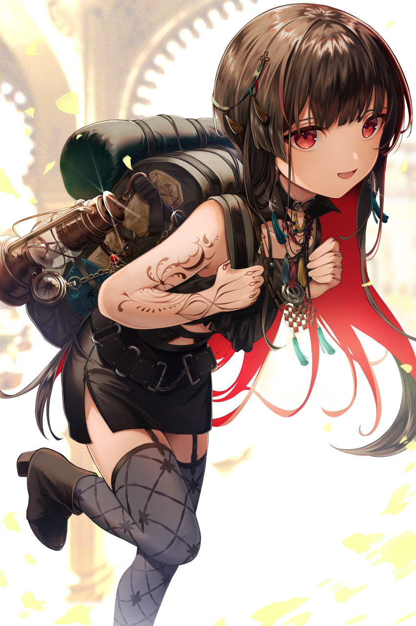 absurdres amanai_daisy arm_tattoo backpack bad_id bad_pixiv_id bag bare_shoulders belt black_belt black_footwear black_hair black_shirt black_skirt boots colored_inner_hair female garter_straps grey_thighhighs hair_ornament highres jewelry lantern leaning_forward long_hair looking_at_viewer miniskirt multicolored_hair necklace nijisanji nijisanji_in noor_(nijisanji) open_mouth pencil_skirt red_eyes red_hair shirt side_slit skirt sleeveless smile solo straight_hair tattoo thighhighs two-tone_hair very_long_hair virtual_youtuber zettai_ryouiki