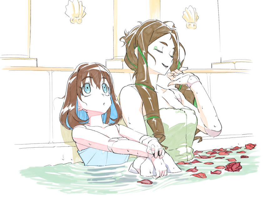 2girls akiot asymmetrical_bangs bathing blue_eyes breasts brown_hair closed_eyes doll_joints garie_tuman hair_between_eyes hands_on_own_knees joints knees_up large_breasts long_hair multiple_girls naked_towel petals petals_on_liquid phara_suyuf rose_petals same-sex_bathing senki_zesshou_symphogear shared_bathing short_hair towel wet wide-eyed