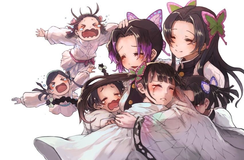 >o< 6+girls :d animal_print black_hair black_shirt blunt_bangs blush braid brown_hair butterfly_hair_ornament butterfly_print cape closed_eyes closed_mouth commentary crying demon_slayer_uniform dress gradient_hair group_hug hair_intakes hair_ornament hand_on_another's_head haori happy_tears hug ico6 jacket japanese_clothes jumping kanzaki_aoi_(kimetsu_no_yaiba) kimetsu_no_yaiba kochou_kanae kochou_shinobu long_hair long_sleeves low_twintails medium_hair multicolored_hair multiple_girls nakahara_sumi open_mouth parted_bangs print_jacket puffy_long_sleeves puffy_sleeves sad shirt short_hair siblings side_ponytail simple_background sisters smile takada_naho tears terauchi_kiyo tsuyuri_kanao twin_braids twintails wavy_mouth white_background white_cape white_dress