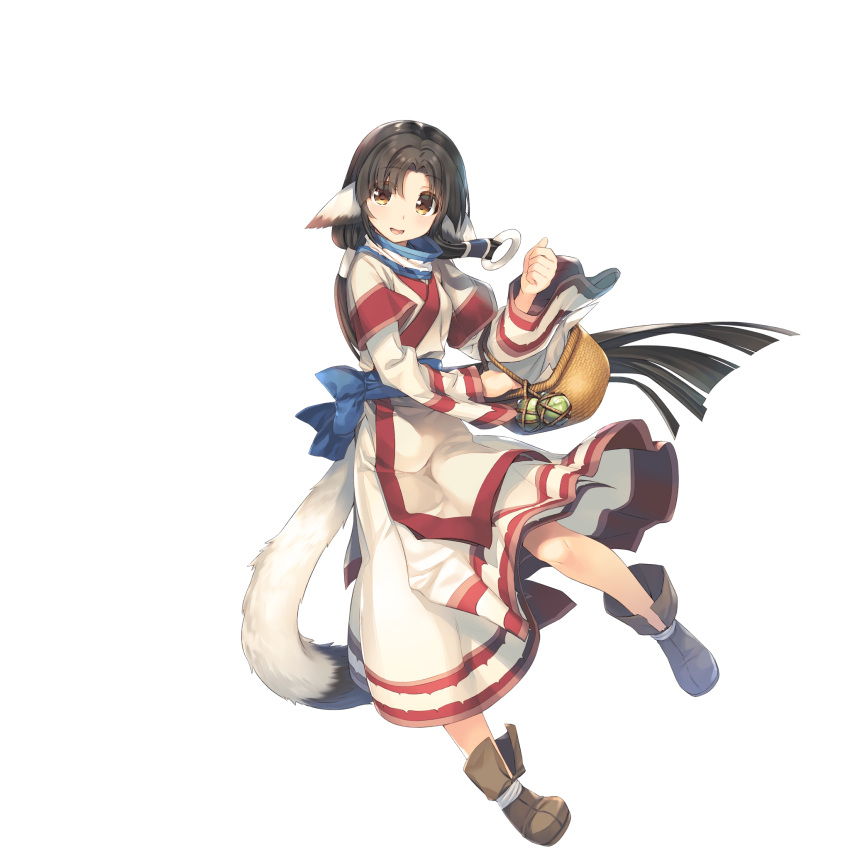 ainu_clothes animal_ears basket black_hair dog_ears eruruu female full_body hair_rings highres holding holding_basket layered_sleeves long_hair long_sleeves looking_at_viewer mitsumi_misato non-web_source official_art open_mouth picnic_basket solo tail transparent_background utawarerumono utawarerumono:_itsuwari_no_kamen utawarerumono:_lost_flag yellow_eyes