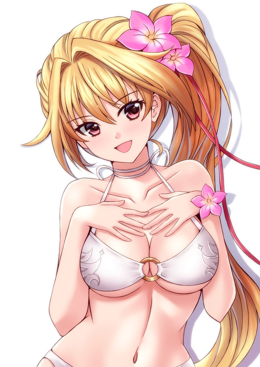 :d absurdres bikini blonde_hair breasts choker cleavage collarbone female floating_hair flower hair_between_eyes hair_flower hair_ornament head_tilt highres large_breasts long_hair looking_at_viewer navel o-ring o-ring_bikini open_mouth pink_flower red_eyes ribbon ribbon_choker sawwei005 shironeko_project side_ponytail sierra_(shironeko_project) simple_background smile solo swimsuit underboob upper_body very_long_hair white_background white_bikini white_ribbon