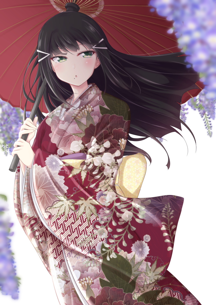 :o back_bow black_hair blurry bow chiro_(bocchiropafe) commentary_request depth_of_field female floral_print flower green_eyes hair_ornament hairclip highres holding holding_umbrella japanese_clothes kimono kojitsunagi_(pattern) kurosawa_dia light_blush long_hair long_sleeves love_live! love_live!_sunshine!! mole mole_under_mouth oil-paper_umbrella peony_print print_kimono purple_flower red_kimono sash solo umbrella wide_sleeves wisteria wisteria_print