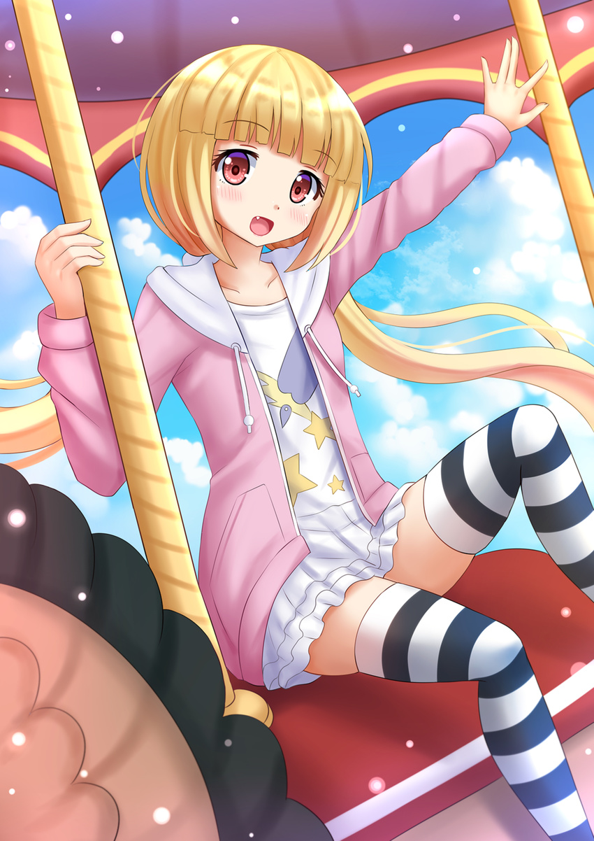 :d alice_to_zouroku blonde_hair blue_sky brown_eyes carousel cloud cloudy_sky commentary_request day female highres hood hooded_jacket jacket kashimura_sana kazenokaze long_hair looking_at_viewer low_twintails oerba_yun_fang open_mouth riding sky smile solo striped_clothes striped_thighhighs thighhighs twintails zettai_ryouiki