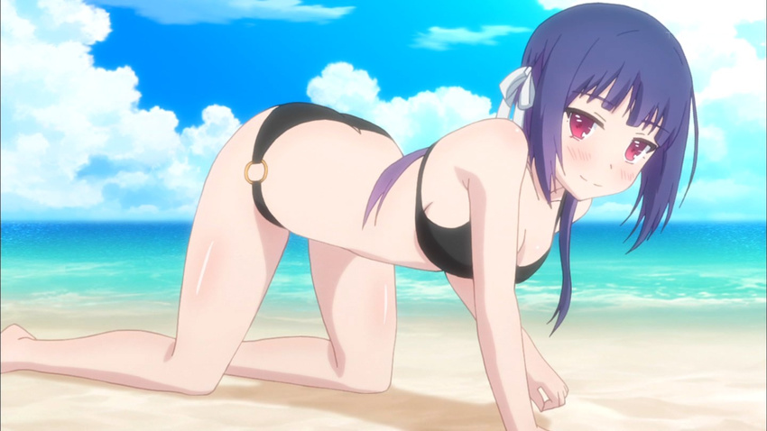 all_fours beach bikini black_bikini blush bow butt_crack female female hair_ornament hair_ribbon hairbow kinoshita_ringo kinoshita_ringo_(no-rin) long_hair looking_at_viewer no-rin o-ring_bikini ocean outdoors purple_eyes purple_hair ribbon screencap sea shiny shiny_skin sky solo straight_hair swimsuit water