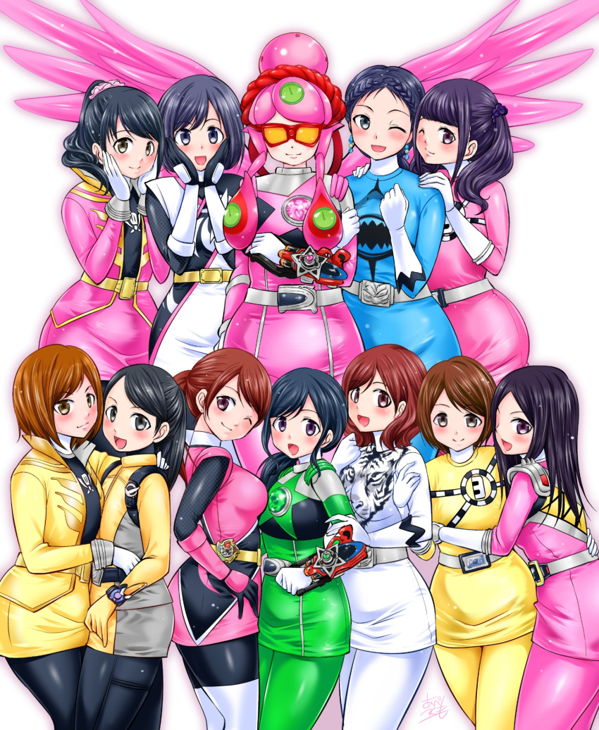 6+girls abe_tsukumo ahim_de_famille amu_(doubutsu_sentai_zyuohger) amy_yuzuki animification bodysuit breasts brown_eyes brown_hair chameleon_green closed_mouth doubutsu_sentai_zyuohger dress gloves gokai_pink gokai_yellow hammie_(uchuu_sentai_kyuuranger) highres igasaki_fuuka kagura_(ressha_sentai_toqger) kaizoku_sentai_gokaiger kyoryu_pink long_hair looking_at_viewer luka_millfy mio_(ressha_sentai_toqger) momochi_kasumi momoninger multiple_girls no_headwear open_mouth pantyhose raptor_283 ressha_sentai_toqger sera_(doubutsu_sentai_zyuohger) shironinger short_hair shuriken_sentai_ninninger sideboob skirt smile super_sentai tokumei_sentai_go-busters toq_3gou toq_5gou uchuu_sentai_kyuuranger usami_youko washi_pink yellow_buster zyuden_sentai_kyoryuger zyuoh_shark zyuoh_tiger