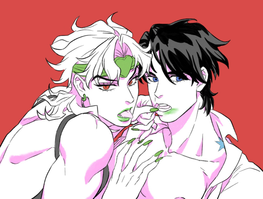 2boys after_kiss birthmark blue_eyes collarbone dio_brando earrings fangs fingernails green_lips green_nails headband honlo jewelry joestar_birthmark jojo_no_kimyou_na_bouken jonathan_joestar lipstick lipstick_mark long_hair looking_at_viewer makeup male_focus multiple_boys muscular muscular_male nipples open_clothes open_shirt pectorals phantom_blood red_background red_eyes sharp_fingernails shirt short_hair smeared_lipstick stardust_crusaders tongue tongue_out yaoi