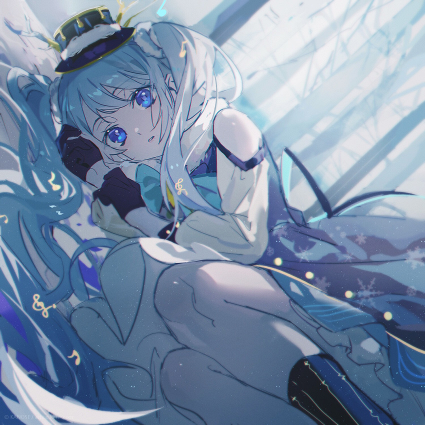 bare_shoulders black_gloves blue_dress blue_eyes blue_hair borrowed_design commentary detached_sleeves dress dutch_angle eighth_note female gloves glowing half_gloves hat hat_branch hatsune_miku highres hitokoto kneehighs light_blue_hair long_hair looking_at_viewer lying musical_note on_side parted_lips sleeveless sleeveless_dress snow snowflakes socks solo treble_clef tree twintails very_long_hair vocaloid white_sleeves yuki_miku yuki_miku_(2021)_(candidate_no.4)