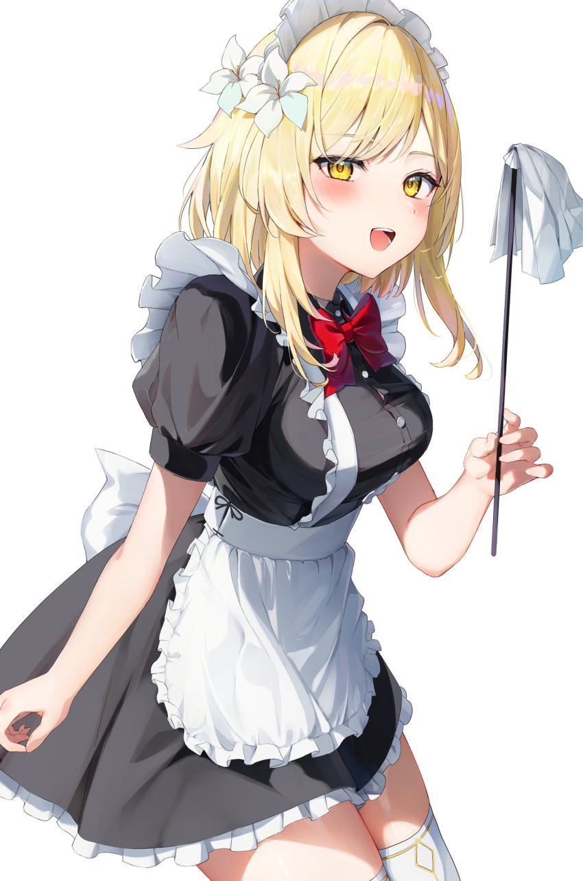 :d alternate_costume apron auui black_dress blonde_hair blush boots bow bowtie breasts collared_dress commentary cowboy_shot dress enmaided eyelashes female flower frilled_apron frilled_dress frills genshin_impact hair_flower hair_ornament highres impossible_clothes impossible_dress large_breasts looking_at_viewer lumine_(genshin_impact) maid maid_apron maid_headdress open_mouth puffy_short_sleeves puffy_sleeves red_bow red_bowtie short_hair_with_long_locks short_sleeves simple_background smile solo taut_clothes taut_dress teeth thigh_boots upper_teeth_only waist_apron white_apron white_background white_bow white_flower white_footwear white_headdress wing_collar yellow_eyes zettai_ryouiki