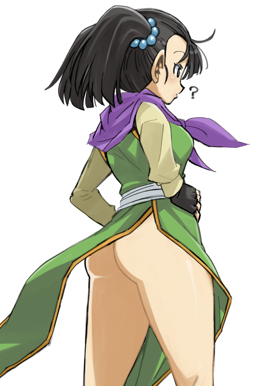 ? absurdres ass black_hair breasts closed_mouth dragon_quest dragon_quest_iii female fighter_(dq3) fingerless_gloves gloves hair_bobbles hair_ornament highres long_hair muramasa_mikado short_twintails simple_background solo twintails white_background