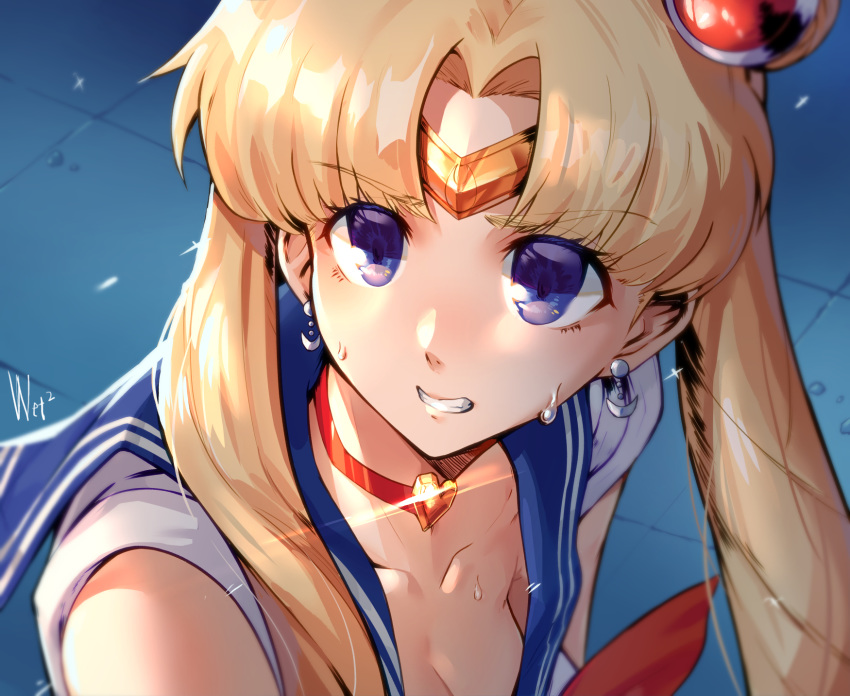 bishoujo_senshi_sailor_moon bishoujo_senshi_sailor_moon_s blonde_hair blue_eyes blue_sailor_collar bow breasts choker circlet cleavage collarbone commentary crescent crescent_earrings d-cao derivative_work diadem double_bun downblouse earrings female hair_bun hair_ornament hair_over_shoulder heart heart_choker highres jewelry long_hair magical_girl md5_mismatch medium_breasts meme no_bra parted_bangs red_bow red_choker sailor_collar sailor_moon sailor_moon_redraw_challenge_(meme) sailor_senshi_uniform screenshot_redraw solo sparkle sweat tsukino_usagi twintails upper_body