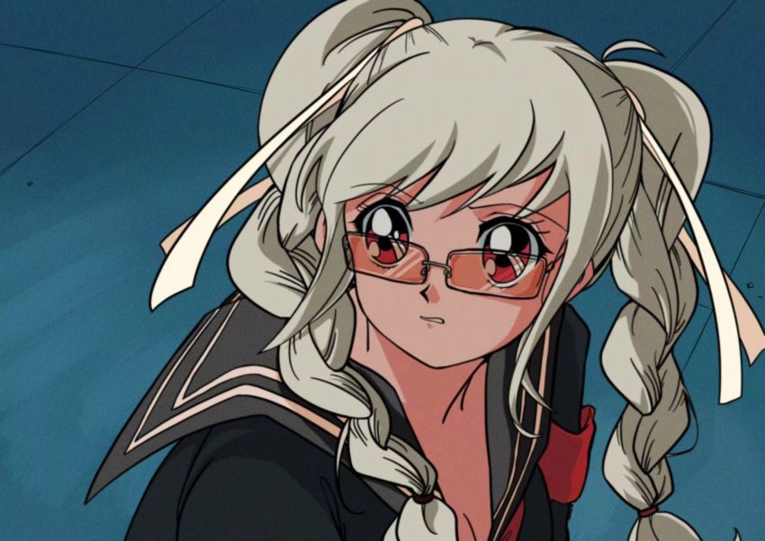 1990s_(style) armband bishoujo_senshi_sailor_moon bishoujo_senshi_sailor_moon_s braid clenched_teeth commentary danganronpa_(series) derivative_work english_commentary female glasses hair_over_shoulder hair_ribbon highres itou_ikuko_(style) kawatooo long_hair looking_to_the_side looking_up meme mitsuishi_kotono pekoyama_peko red_eyes retro_artstyle ribbon sailor_moon_redraw_challenge_(meme) school_uniform screenshot_redraw serafuku solo teeth tsukino_usagi twin_braids twintails upper_body voice_actor_connection white_hair