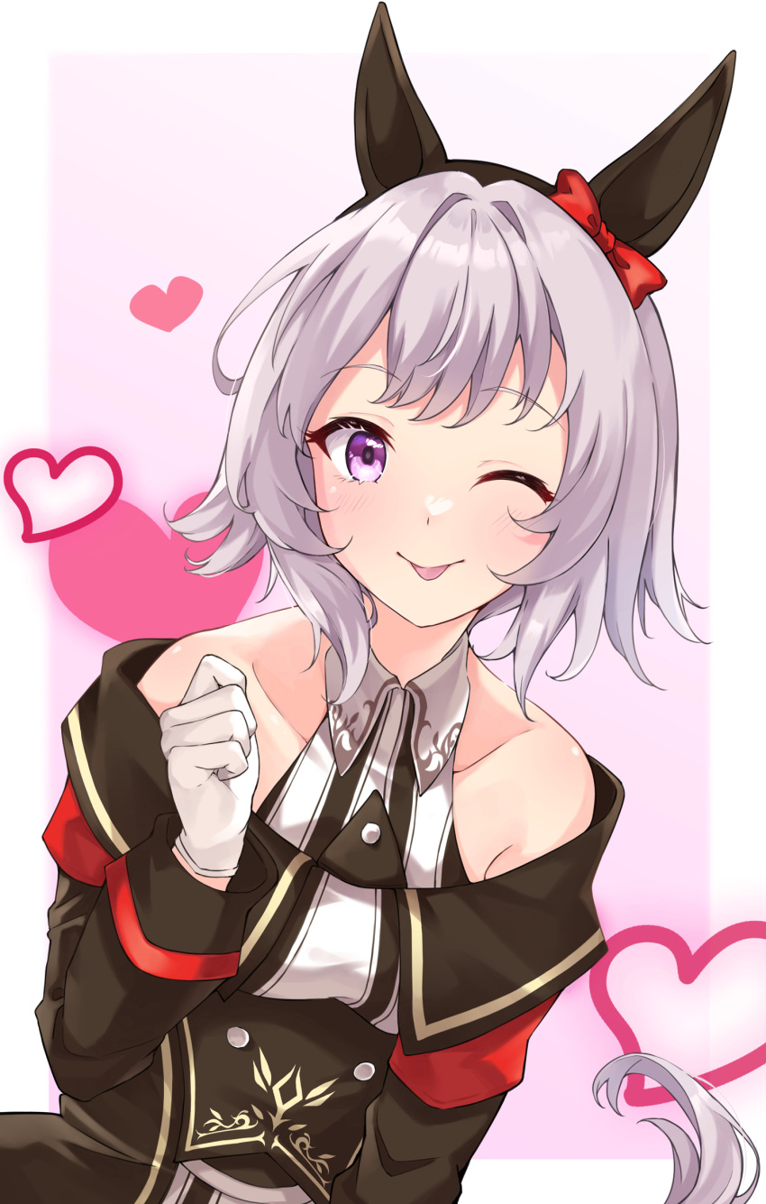 animal_ears bare_shoulders black_coat blush closed_mouth coat collared_shirt curren_chan_(umamusume) female gloves grey_hair hair_intakes hairband hand_up heart highres horse_ears horse_girl horse_tail long_sleeves looking_at_viewer medium_hair off-shoulder_coat off_shoulder one_eye_closed purple_eyes shirt sleeveless sleeveless_shirt solo tail tiara_(871220) tongue tongue_out umamusume upper_body white_gloves