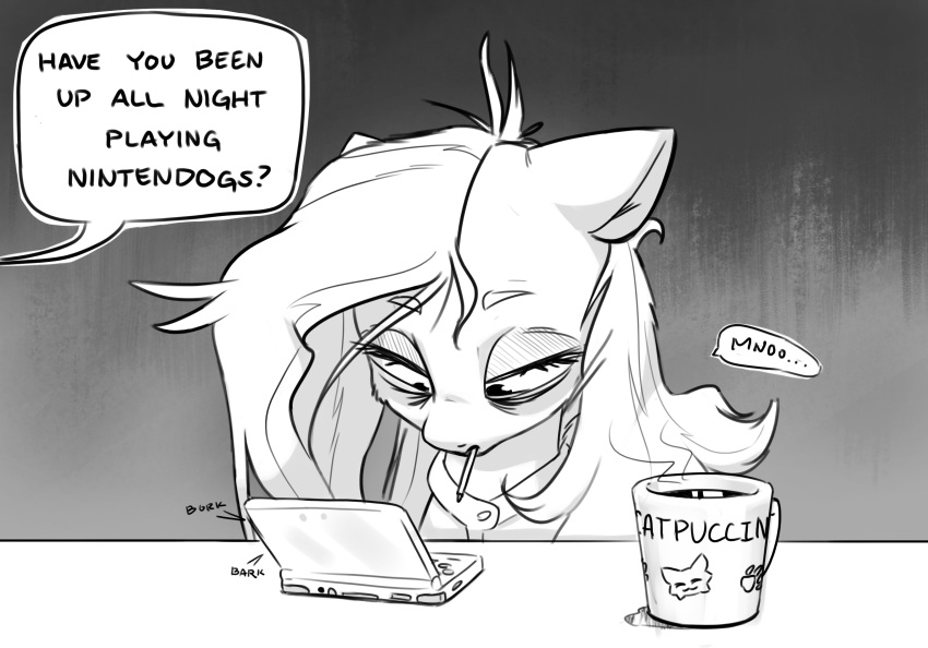 beverage bunchedupletters clothed clothing container cup dialogue electronics english_text equid equine female fluttershy_(mlp) friendship_is_magic game_console hair hasbro hi_res mammal messy_hair monochrome my_little_pony nintendo nintendo_ds nintendo_ds_family solo text tired