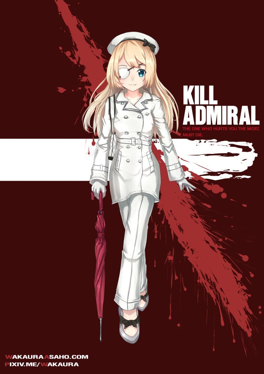 aqua_eyes bag beret blonde_hair blood blood_splatter coat commentary_request cosplay elle_driver elle_driver_(cosplay) english_text eyepatch female full_body gloves handbag hat highres jervis_(kancolle) kantai_collection kill_bill pants parody smile solo umbrella wakaura_asaho watermark web_address white_coat white_gloves white_pants