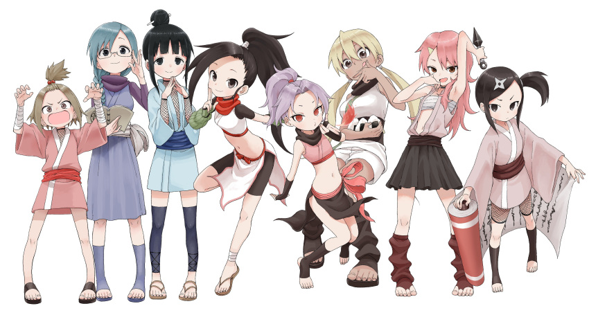 6+girls :q absurdres adjusting_eyewear armpits asagao_(kunoichi_tsubaki_no_mune_no_uchi) bandaged_arm bandages benisumomo black_choker black_eyes black_footwear black_gloves black_hair black_scarf black_shorts black_thighhighs blonde_hair blue_hair blue_kimono blunt_bangs book braid breath_weapon breathing_fire brown_eyes brown_hair chest_sarashi choker claw_pose crop_top dark-skinned_female dark_skin detached_leggings fingerless_gloves fire fishnet_sleeves fishnet_top fishnets food full_body glasses gloves grey_skirt hair_bun hair_ornament hair_over_shoulder hair_stick hairclip high_ponytail highres housenka_(kunoichi_tsubaki_no_mune_no_uchi) japanese_clothes kimono kimono_skirt kuji-in kunai kunoichi_tsubaki_no_mune_no_uchi leggings lineup long_hair medium_hair midriff mizubashou_(kunoichi_tsubaki_no_mune_no_uchi) mokuren_(kunoichi_tsubaki_no_mune_no_uchi) multiple_girls navel ninja obi official_art onigiri open_clothes open_kimono open_mouth open_vest parted_bangs pink_hair pink_kimono pleated_skirt purple_hair purple_scarf red_ribbon red_sash red_scarf ribbon sandals sarashi sash sazanka_(kunoichi_tsubaki_no_mune_no_uchi) scarf scroll_tube short_hair short_kimono short_sleeves shorts shuriken side_ponytail sidelocks simple_background single_hair_bun skirt smile steepled_fingers thighhighs toeless_footwear toeless_legwear toes tongue tongue_out topknot touwata_(kunoichi_tsubaki_no_mune_no_uchi) tsubaki_(kunoichi_tsubaki_no_mune_no_uchi) twintails vest weapon white_background white_kimono white_sash yamamoto_souichirou