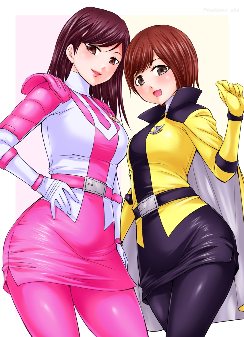 2girls abe_tsukumo animification bodysuit breasts brown_eyes brown_hair cape dress gloves hayami_umika highres kaitou_sentai_lupinranger_vs._keisatsu_sentai_patranger long_hair looking_at_viewer multiple_girls myoujin_tsukasa open_mouth pantyhose short_hair skirt smile super_sentai tokusatsu