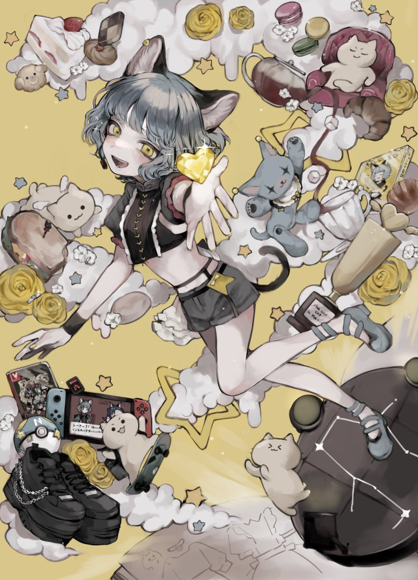 \||/ animal_ears ankle_strap armchair bare_legs black_shirt blush book bread_bun cake cat_ears cat_girl cat_tail chair checkerboard_cookie cloud commentary constellation cookie creature croissant cropped_shirt cup denim denim_shorts female flower food full_body game_cartridge gem gemini_(constellation) glowing_book grey_footwear grey_hair heart-shaped_gem highres looking_at_viewer macaron manuka_x_x midriff muted_color nina_(valis) nintendo_switch object_floating_above_hand open_book open_mouth outstretched_arm outstretched_hand platform_footwear poke_ball pouring puffy_short_sleeves puffy_sleeves rara_(valis) rose shirt shoes short_hair short_shorts short_sleeves shorts simple_background sinsekai_studio smile solo sparkle star_(symbol) strawberry_shortcake stuffed_animal stuffed_cat stuffed_toy symbol-only_commentary tail teacup teapot trophy unworn_shoes valis_(sinsekai) video_game wavy_hair white_flower wristband yellow_background yellow_eyes yellow_flower yellow_gemstone yellow_rose