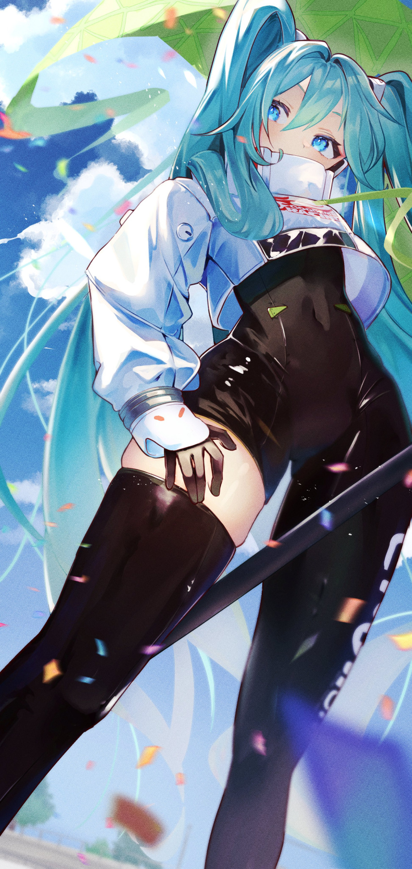 absurdres aqua_hair asymmetrical_bodysuit black_bodysuit black_gloves blue_eyes bodysuit commentary confetti crop_top crop_top_overhang cropped_jacket feet_out_of_frame female film_grain from_above gloves goodsmile_racing green_flag hair_between_eyes hand_on_own_thigh hatsune_miku high_collar highres inubangarou jacket long_hair looking_to_the_side race_queen racing_miku racing_miku_(2022) single_leg_bodysuit single_thighhigh skin_tight skindentation solo thighhighs twintails very_long_hair vocaloid white_jacket