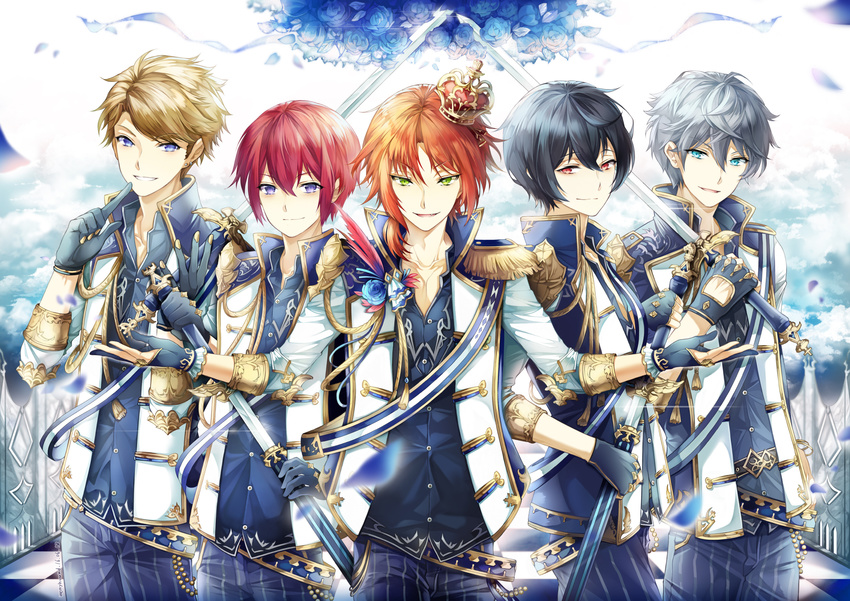 all_male ensemble_stars! jaebau male narukami_arashi sakuma_ritsu sena_izumi suou_tsukasa sword tsukinaga_leo uniform weapon