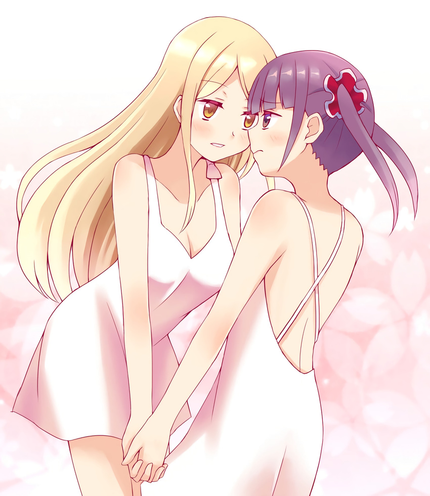 2girls artist_request blonde_hair blush breasts cleavage couple dress eye_contact hair_ornament hand_holding interlocked_fingers looking_at_another minami_shizuku multiple_girls noda_kotone open_mouth purple_eyes purple_hair sakura_trick simple_background twintails yellow_eyes yuri