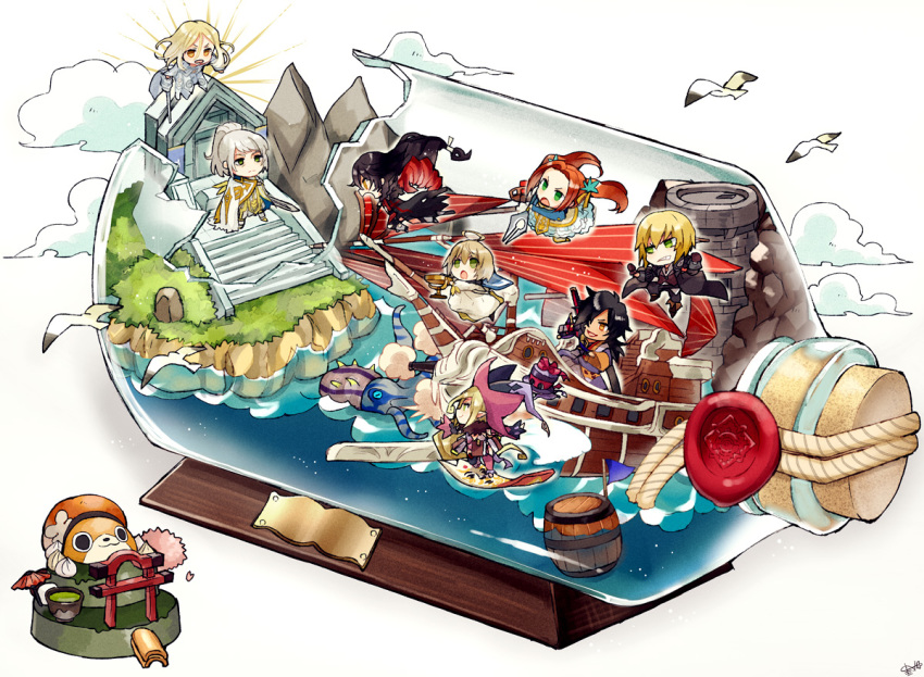 3girls 5boys ahoge artorius_collbrande barrel bienfu_(tales) bird black_coat black_hair blonde_hair boat cape chibi cloud coat commentary_request cork eizen_(tales) eleanor_hume green_eyes hat houhou_(black_lack) innominat_(tales) laphicet_(tales) long_hair low-tied_long_hair magilou_(tales) multiple_boys multiple_girls normin_(tales) octopus orange_hair paper_airplane phoenix_(tales) pointy_ears ponytail rokurou_rangetsu seagull ship_in_a_bottle simple_background spoilers stairs tales_of_(series) tales_of_berseria twintails velvet_crowe watercraft white_background white_hair