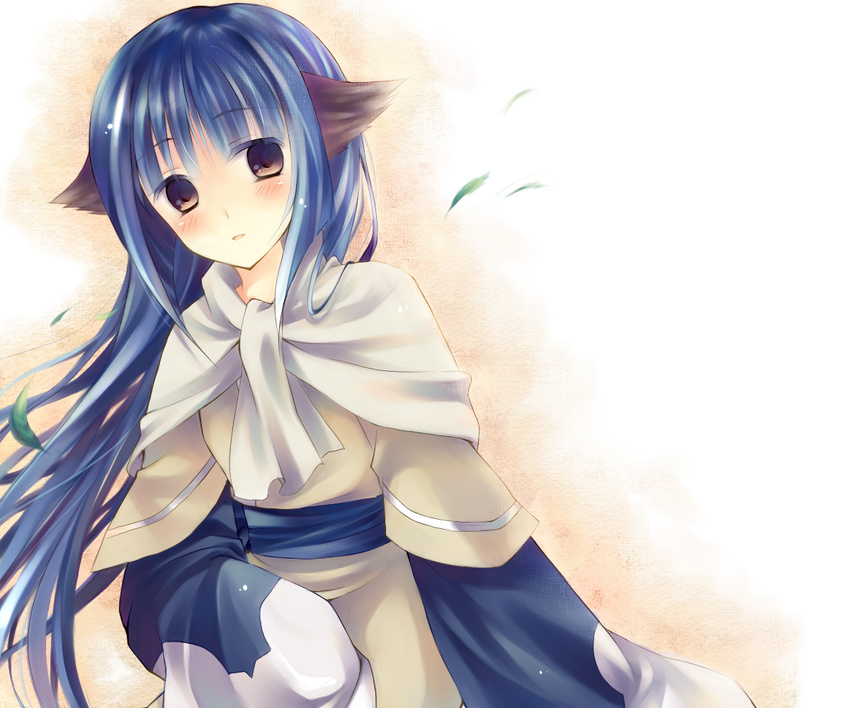 animal_ears blue_hair brown_eyes commentary_request dog_ears female japanese_clothes kage_no_utage shawl solo tail utawarerumono yuzuha_(utawarerumono)