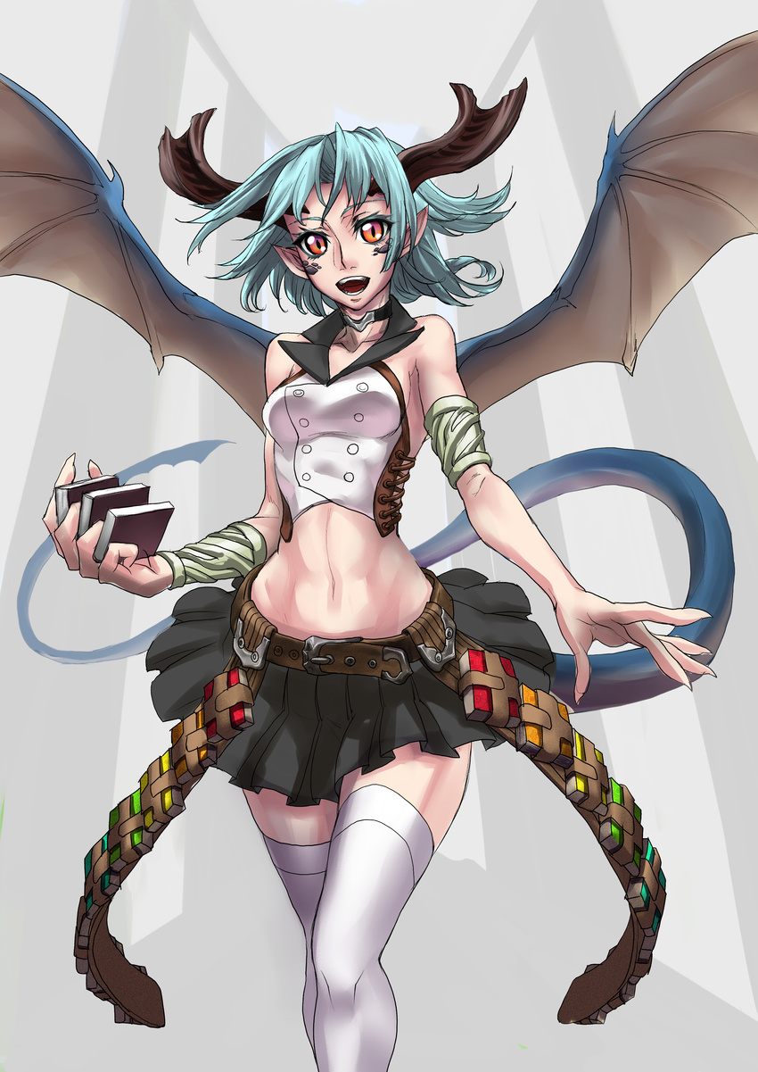 abs absurdres bad_id bad_pixiv_id bandolier bare_shoulders bat_wings blue_hair book demon_girl female highres horns kataharaitai_aesop original solo tail thighhighs wings