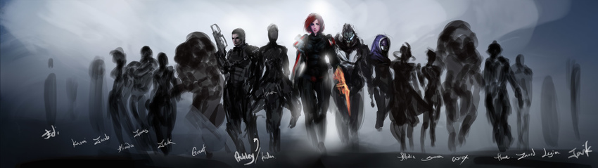 6+boys 6+girls alien blue_eyes character_name commander_shepard commander_shepard_(female) commentary english_commentary everyone garrus_vakarian gun helmet highres hood kaidan_alenko lips mass_effect_(series) mass_effect_3 muju multiple_boys multiple_girls n7_armor nose omnitool photoshop_(medium) quarian red_hair scouter solo_focus tali'zorah turian unfinished weapon