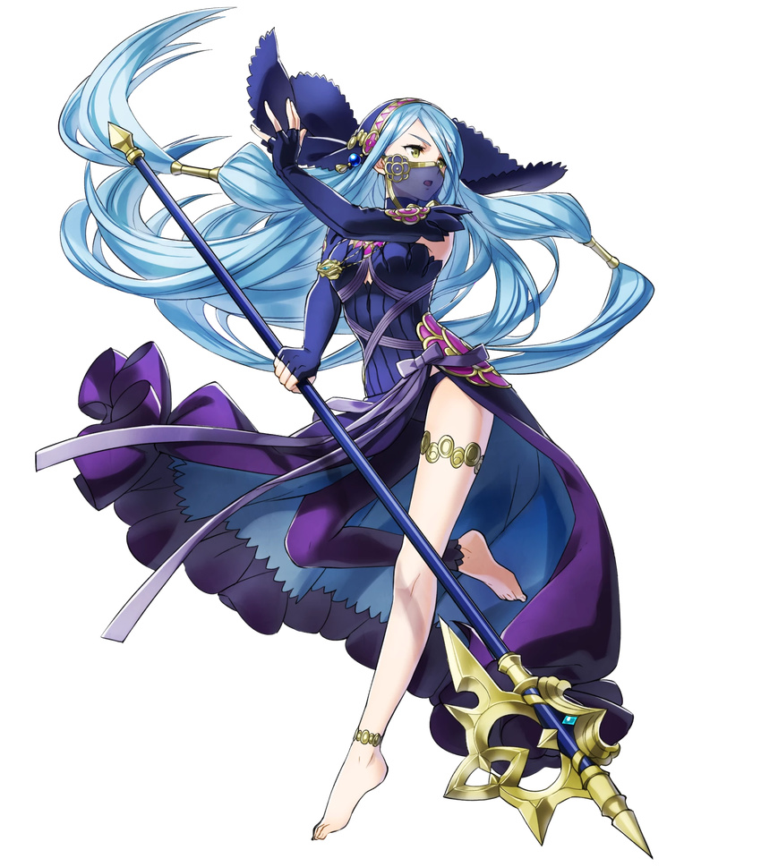 asymmetrical_legwear axe azura_(fire_emblem) azura_(performing_arts)_(fire_emblem) bare_shoulders barefoot battle_axe breasts commentary_request dress female fingerless_gloves fire_emblem fire_emblem_fates fire_emblem_heroes full_body gloves highres holding holding_weapon kaya8 leg_up long_hair looking_away medium_breasts official_art open_mouth pantyhose polearm see-through single_leg_pantyhose skirt solo thigh_strap transparent_background uneven_legwear veil very_long_hair weapon yellow_eyes